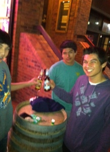 The boys toast with their sodas from Rocket Fizz on a cool Spring night in Boulder, CO